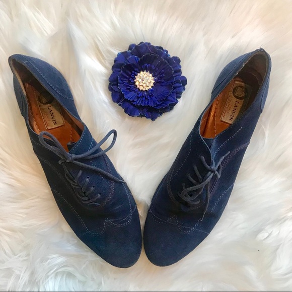 Lanvin Suede Wing-tip Navy Blue Oxford Brogues - Picture 3 of 6